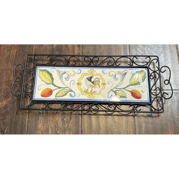 Fitz & Floyd Ricamo Rooster Tile Wire Bread Tray Appetizer Serving Centerpiece - Picture 1 of 7